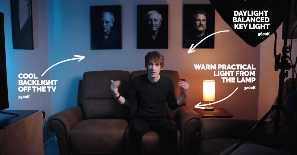 Captura de uno de los frames del video, en el que se ve a Sean Tucker sentado en un sofá, iluminado por distintas fuentes de luz con distintas temperaturas y unos indicadores superpuestos aclarando cada uno de ellos.